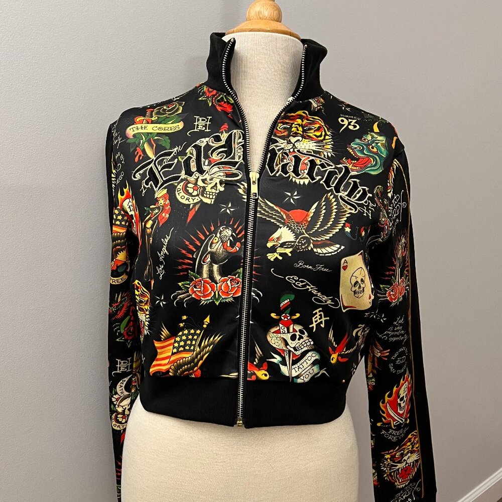 NEW Ed Hardy Crop Flashboard Black Tattoo Track Jacket Sz M